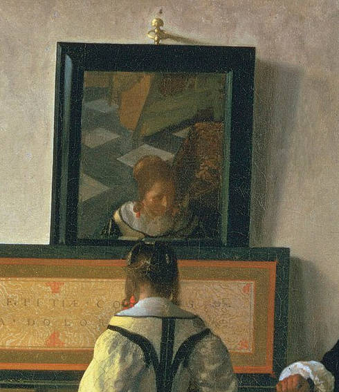 Vermeer, Dame und Herr am Virginal, bekannt als Die Musikstunde, Detail, um 1662–1664, Öl auf Leinwand, 73,3 × 64,5 cm, Signiert unten auf dem Rahmen des Gemäldes IVMeer (IVM ligiert) (London, Royal Collection Trust)