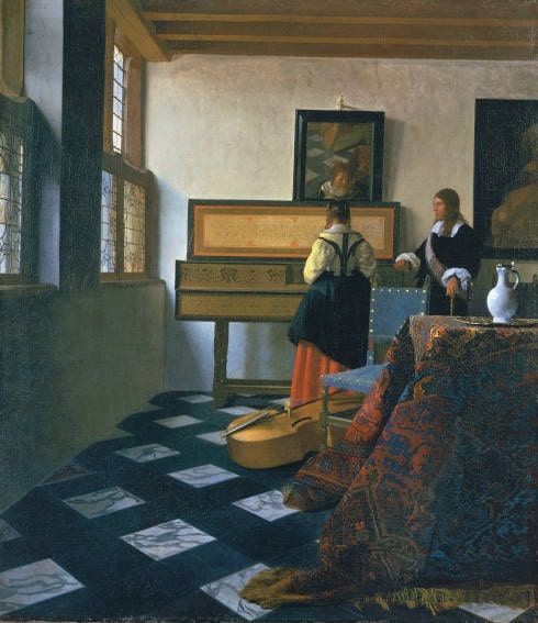 Vermeer, Dame und Herr am Virginal, bekannt als Die Musikstunde, um 1662–1664, Öl auf Leinwand, 73,3 × 64,5 cm, Signiert unten auf dem Rahmen des Gemäldes IVMeer (IVM ligiert) (London, Royal Collection Trust)