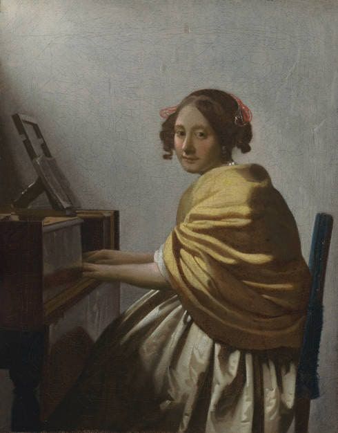 Vermeer, Frau am Virginal, um 1670−1672, Öl auf Leinwand, 25,5 × 20,1 cm (New York, The Leiden Collection, Inv.-Nr. JVe-100)