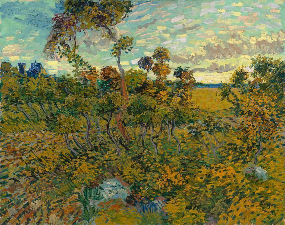 Vincent van Gogh, Sonnenuntergang bei Montmajour, 1888, Öl auf Leinwand, 73,3 × 93,3 cm (Privatsammlung)