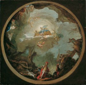 Vinzenz Fischer, Die Jagd des Agamemnon, Entwurf für das 1766 entstandene Deckengemälde des Dianatempels in Laxenburg, 1763, Öl auf Leinwand, 63 x 63 cm © Belvedere, Wien
