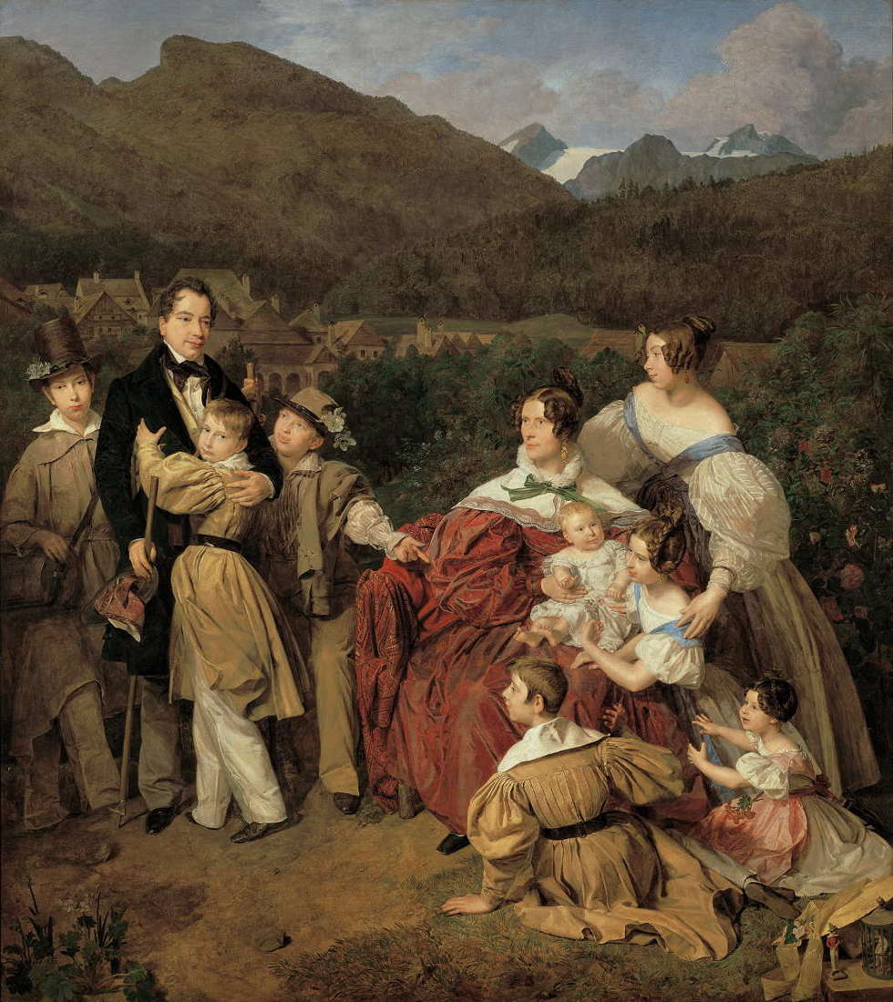 Ferdinand Georg Waldmüller, Der Notar Dr. Josef August Eltz mit seiner Gattin Caroline, geb. Schaumburg, und den acht Kindern in Ischl, 1835, Öl auf Leinwand, 124 × 110 cm (Belvedere, Wien, Inv.-Nr. 2567)
