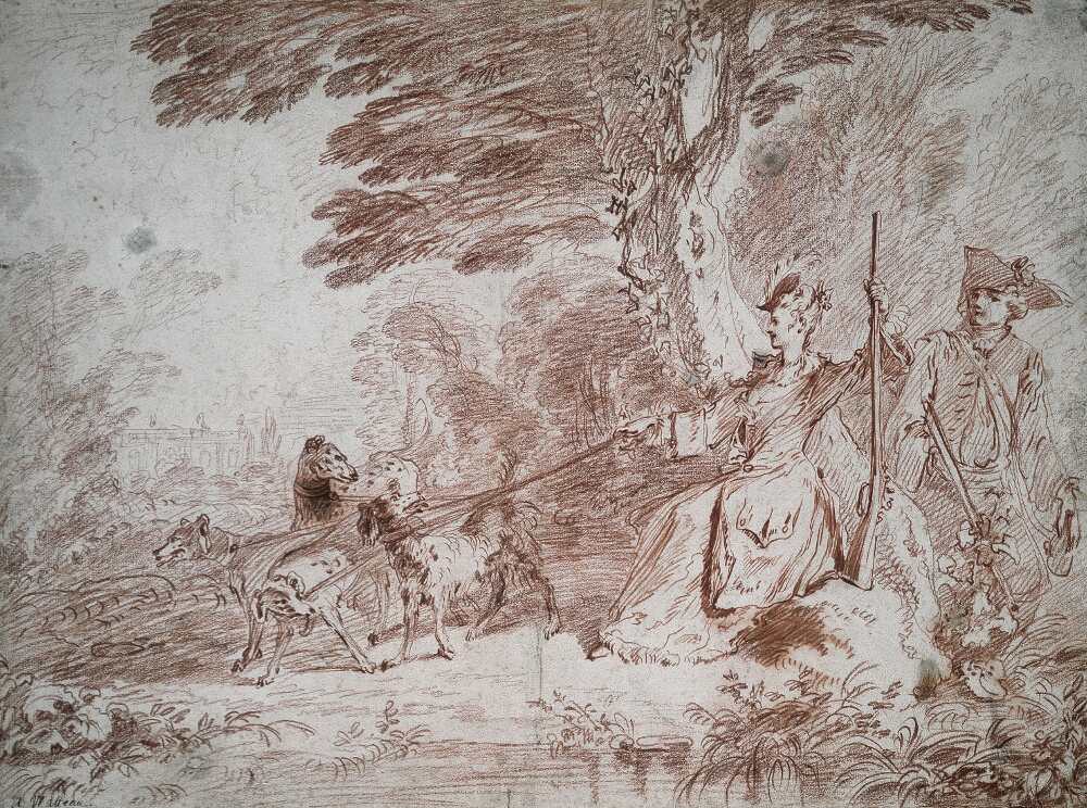 Antoine Watteau, Jagdpartie. Jäger und Jägerin mit vier Hunden in einer Landschaft, um 1713, Rötel, 40,3 x 54,1 cm (Städel Museum, Frankfurt am Main Foto: Städel Museum – U. Edelmann – ARTOTHEK)