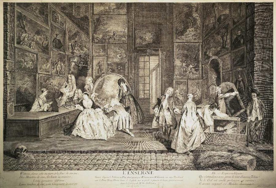 Pierre Alexandre Aveline nach Antoine Watteau, Das Ladenschild des Kunsthändlers Gersaint, um 1732, Radierung, 58,7 x 86,5 cm (St. Petersburg, Eremitage)