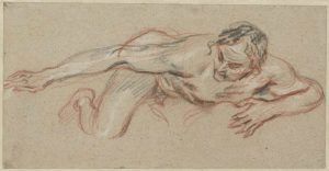 Antoine Watteau, Nackter Mann, auf dem Bauch liegend, den rechten Arm ausgestreckt, um 1717, Rötel, schwarze und weiße Kreide auf beigem Papier,10,8 x 21,2 cm (Fondation Custodia – Collection Frits Lugt, Paris)
