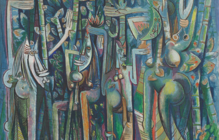 Wifredo Lam, La jungla [Der Dschungel], Detail, 1942–1943, Öl und Kohle auf Papier auf Leinwand, 239.4 x 229.9 cm (MoMA, New York, Inter-American Fund, Inv.-Nr. 140.1945)
