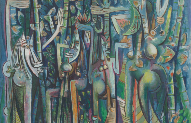 Wifredo Lam, La jungla [Der Dschungel], Detail, 1942–1943, Öl und Kohle auf Papier auf Leinwand, 239.4 x 229.9 cm (MoMA, New York, Inter-American Fund, Inv.-Nr. 140.1945)