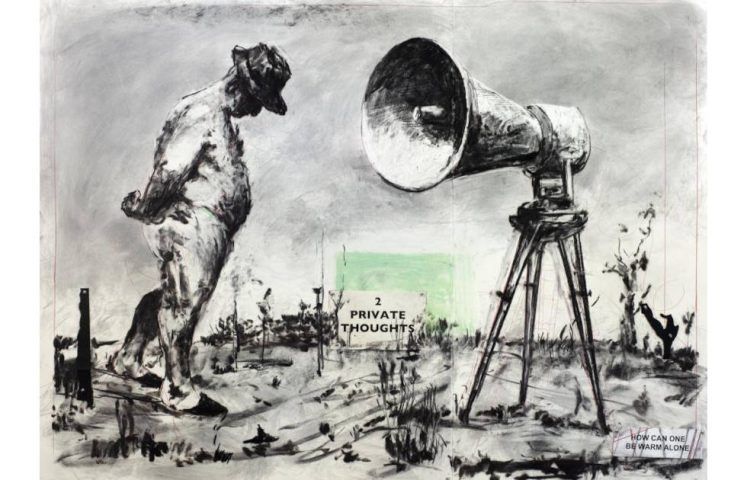 William Kentridge, Zeichnung für das Selbstportrait As a Coffee Pot (2 Private Thoughts), 2021, Tusche, Buntstift, Kohle, Pastellkreide und Collage auf Papier, 152 x 208 cm © William Kentridge, 2024/2025