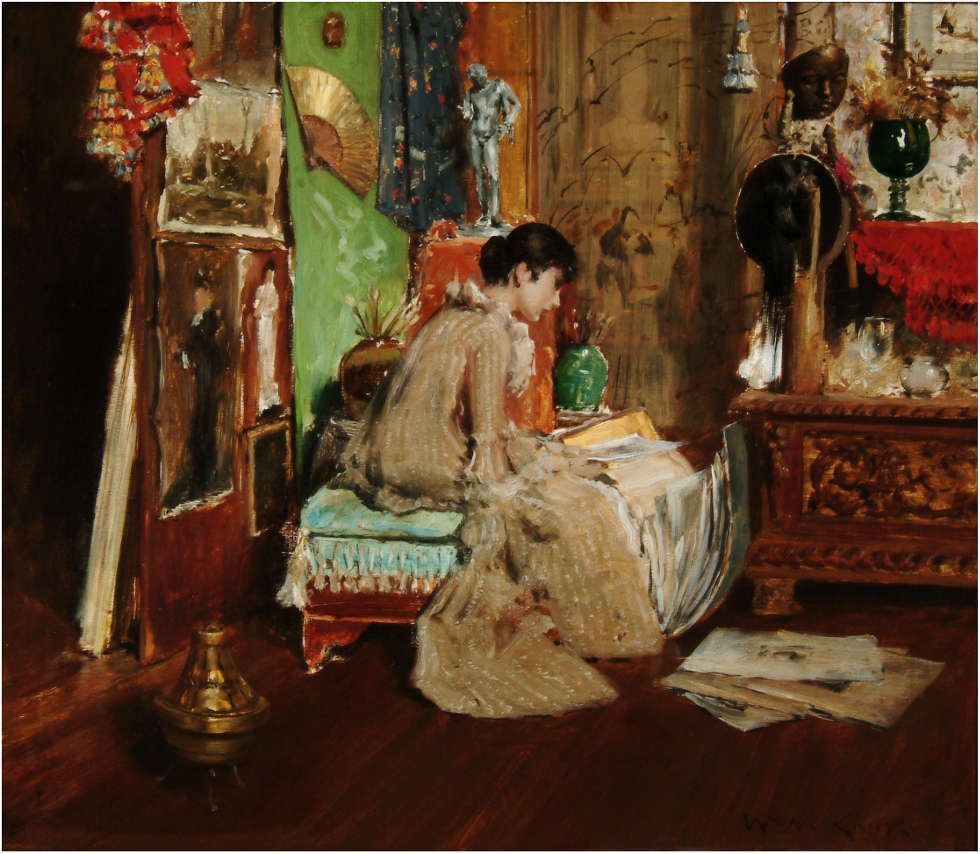 William Merritt Chase, The Connoisseur – The Studio Corner [Die Kunstliebhaberin – Im Studio], um 1881, Öl auf Leinwand, The Arkell Museum at Canajoharie, Gift of Bartlett Arkell