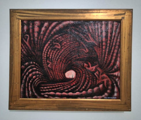 Yayoi Kusama, Accumulation of the Corpses (Prisoner Surrounded by the Curtain of Depersonalization), 1950, Öl und Emailfarbe auf Saatgutsack, 72,3 × 91,5 cm, (c) Foto: Alexandra Matzner, ARTinWORDS