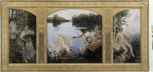 Akseli Gallen-Kallela, Die Aino-Legende, 1891, Triptychon, Öl auf Leinwand, mittleres Bild: 154 x 154 cm, Seitenteile je 154 x 77 cm, Finnland, Helsinki, Ateneum Art Museum, Finnish National Gallery © Finnish National Gallery / Central Art Archives / Photo Hannu Aaltonen.