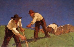 Albin Egger-Lienz, Die Bergmäher, erste Fassung 1907, 94,3 x 149,7 cm © Leopold Museum, Wien.