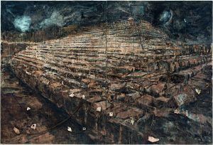 Anselm Kiefer, Osiris und Isis, 1985–1987, Öl, Acryl, Emulsion, Tonscherben, Porzellan, Blei, Kupferdraht auf Leinwand, 379,7 x 561,3 x 24,1 cm (San Francisco Museum of Modern Art, purchase through a gift of Jean Stein by exchange, the Mrs. Paul L. Wattis Fund, and the Doris and Donald Fisher Fund) © Anselm Kiefer / Foto: Ben Blackwell.