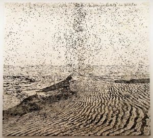 Anselm Kiefer, Cette obscure clarté qui tombe des étoiles, 1997–2015, Holzschnitt, Sonnenblumenkerne und Kohle auf Papier, auf Leinwand kaschiert, 375 x 396 cm (Privatsammlung), Foto: Alexandra Matzner.