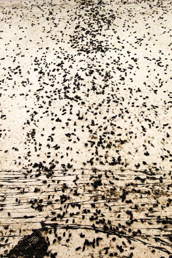 Anselm Kiefer, Cette obscure clarté qui tombe des étoiles, Detail, 1997–2015, Holzschnitt, Sonnenblumenkerne und Kohle auf Papier, auf Leinwand kaschiert, 375 x 396 cm (Privatsammlung), Foto: Alexandra Matzner.