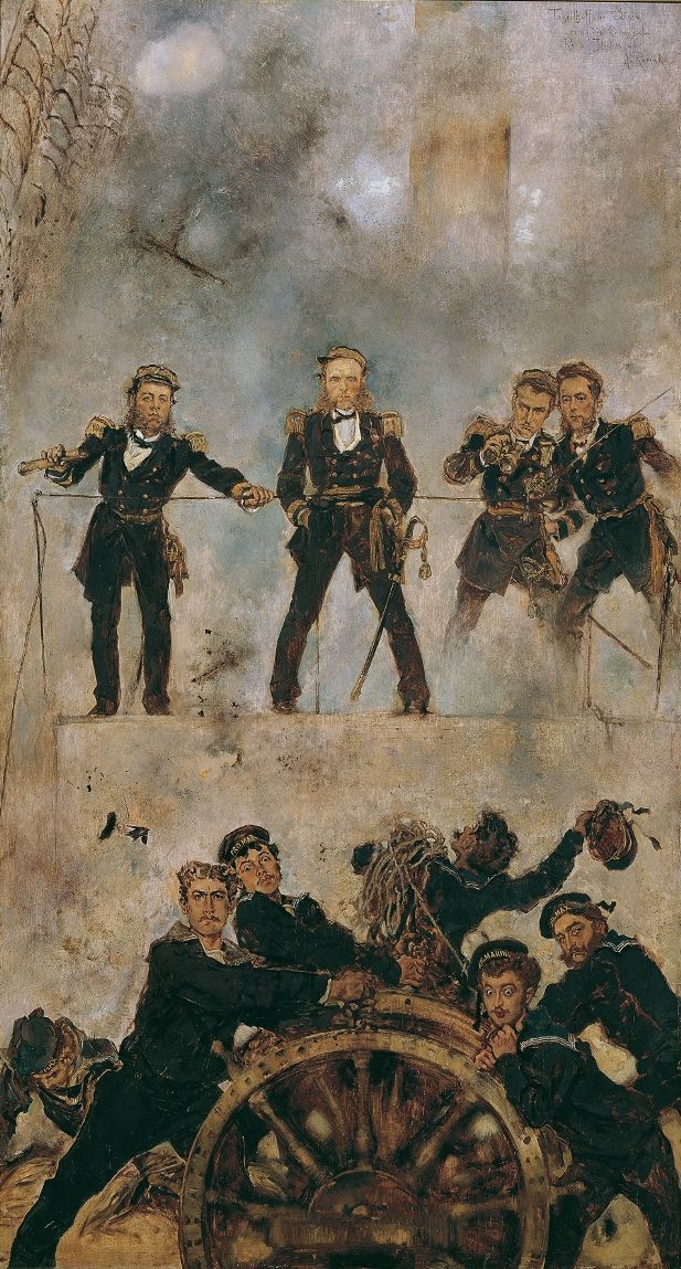 Anton Romako, Tegetthoff in der Seeschlacht bei Lissa I, 1878-1880, Öl auf Holz, 86,5 x 47,5 cm (Belvedere, Wien).