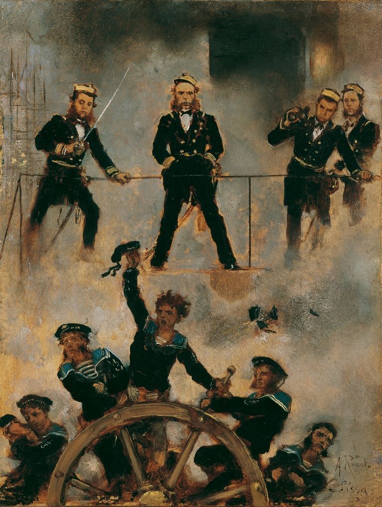 Anton Romako, Tegetthoff in der Seeschlacht bei Lissa II, um 1880-1882, 24 x 18 cm (Belvedere, Wien).