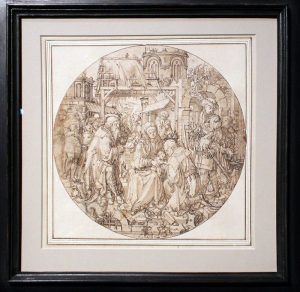 Dirck Vellert, Die Anbetung der Könige, 1532, Federzeichnung laviert, Installationsansicht in der Albertina, Foto: Alexandra Matzner.