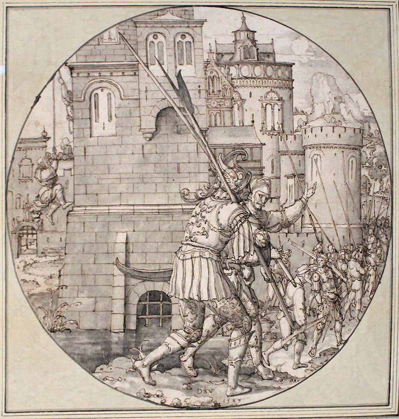 Dirck Vellert, Davids Flucht, 1523, Federzzeichnung laviert, Installationsansicht in der Albertina, Foto: Alexandra Matzner.