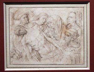 Kopie nach Hugo van der Goes, Beweinung Christi, um 1500, Federzeichnung, Installationsansicht in der Albertina, Foto: Alexandra Matzner.