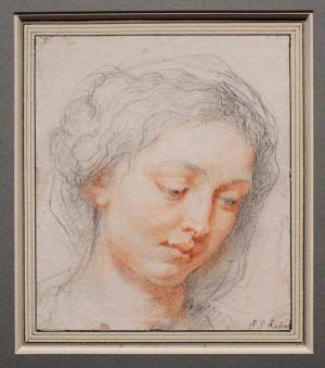 Peter Paul Rubens, Kopf einer jungen Frau mit gesenktem Blick, um 1630-31, Kreide, Installationsansicht in der Albertina, Foto: Alexandra Matzner.