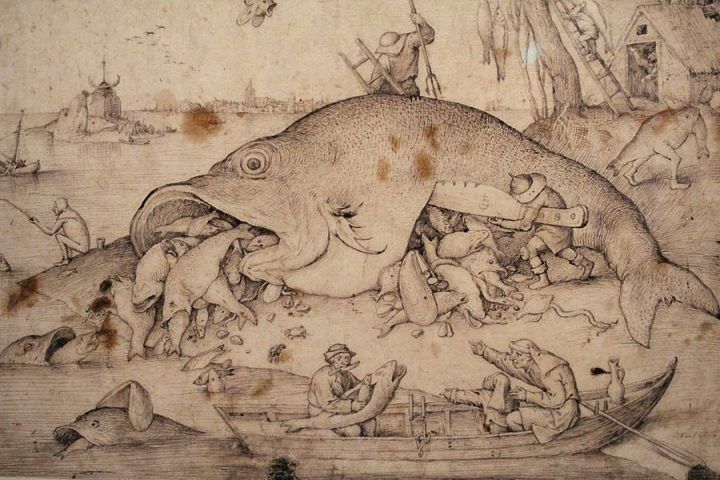 Pieter Bruegel der Ältere, Die großen Fische fressen die kleinen, Detail, 1556, Feder und Pinsel, Foto: Alexandra Matzner.