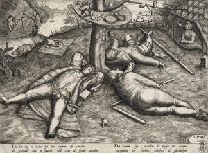 Pieter van der Heyden (1530–1572), zugeschrieben, nach Pieter Bruegel d. Ä. (1525–1569), Das Schlaraffenland, nach 1570 (?) (Kupferstich-Kabinett, Staatliche Kunstsammlungen Dresden)