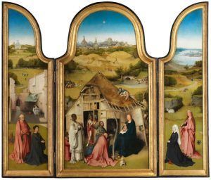 Hieronymus Bosch, Die Anbetung der hl. drei Könige, Triptychon, um 1494, Öl auf Holz, 133 x 71 cm (Mitteltafel); 135 x 33 cm (linke und rechte Tafeln) (Museo Nacional del Prado, Madrid)
