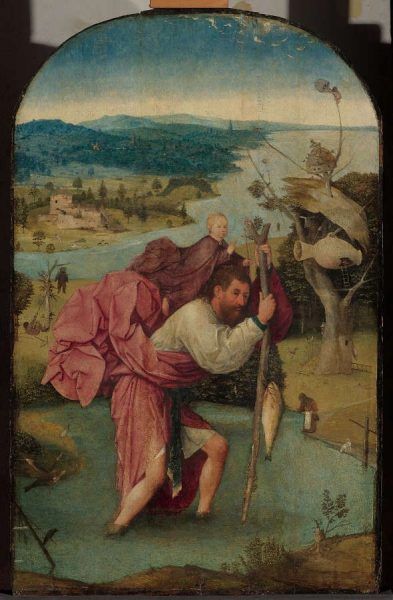 Hieronymus Bosch, Hl. Christopherus trägt das Christuskind, um 1490–1500, Öl auf Holz, 112.7 x 71.8 cm (Museum Boijmans Van Beuningen/Koenigs Collection, Rotterdam)