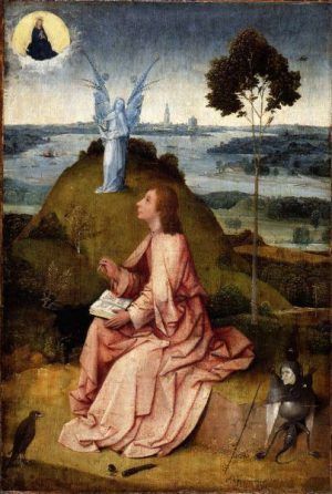 Hieronymus Bosch, Hl. Johannes Evangelista auf Patmos / Die Passion Christi, um 1505, Öl auf Holz, 63 x 43.3 cm (Staatliche Museen zu Berlin, Gemäldegalerie, Berlin)