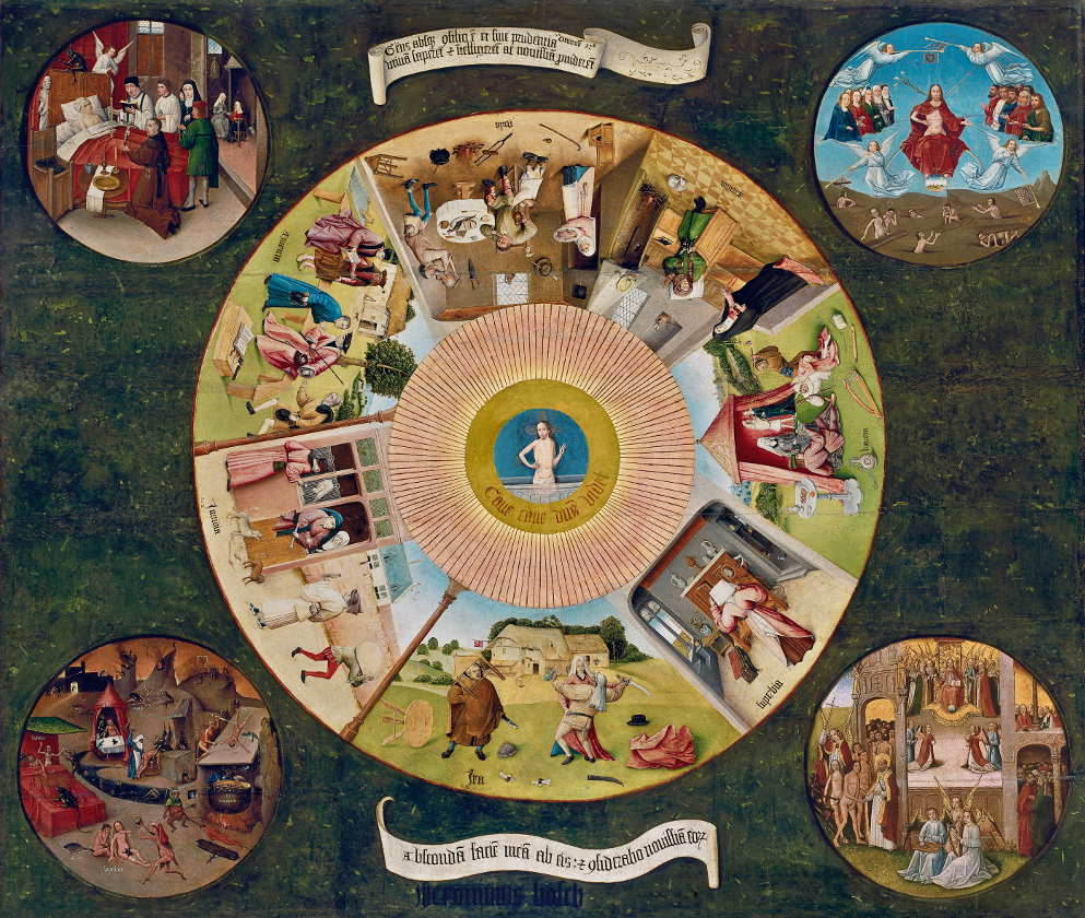 Werkstatt oder Nachfolger Hieronimus Bosch, Die sieben Hauptsünden und die vier letzten Dinge, um 1510–1520, Öl auf Pappelholz, 120 x 150 cm, Signiert unten Mitte: jheronimus bosch (Museo Nacional del Prado, Madrid, Inv.-Nr. 2822 / Leihgabe des Patrimonio Nacional)