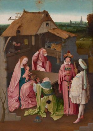 Hieronymus Bosch, Die Anbetung der hl. drei Könige, Öl auf Holz, 77.5 × 55.9 cm (Philadelphia Museum of Art, John G. Johnson Collection, 1917, Philadelphia, Inv.-Nr. Inv. 1321)