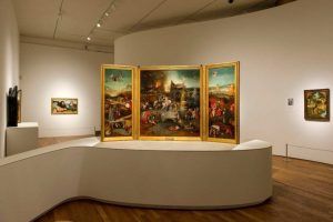 Hieronymus Bosch, Die Versuchung des hl. Antonius, Triptychon, um 1500–1505, Öl auf Holz, 131.5 x 111.9 cm (Mitteltafel); 131.5 x 53 cm (linke und rechte Tafel) (Museu Nacional de Arte Antiga, Lissabon)