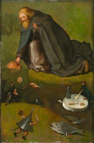 Hieronymus Bosch, Die Versuchung des hl. Antonius, um 1500–1510, Öl auf Holz, 38.6 x 25.1 cm (The Nelson-Atkins Museum of Art, Purchase: William Rockhill Nelson Trust, Kansas City, Inv.-Nr. 35-22)