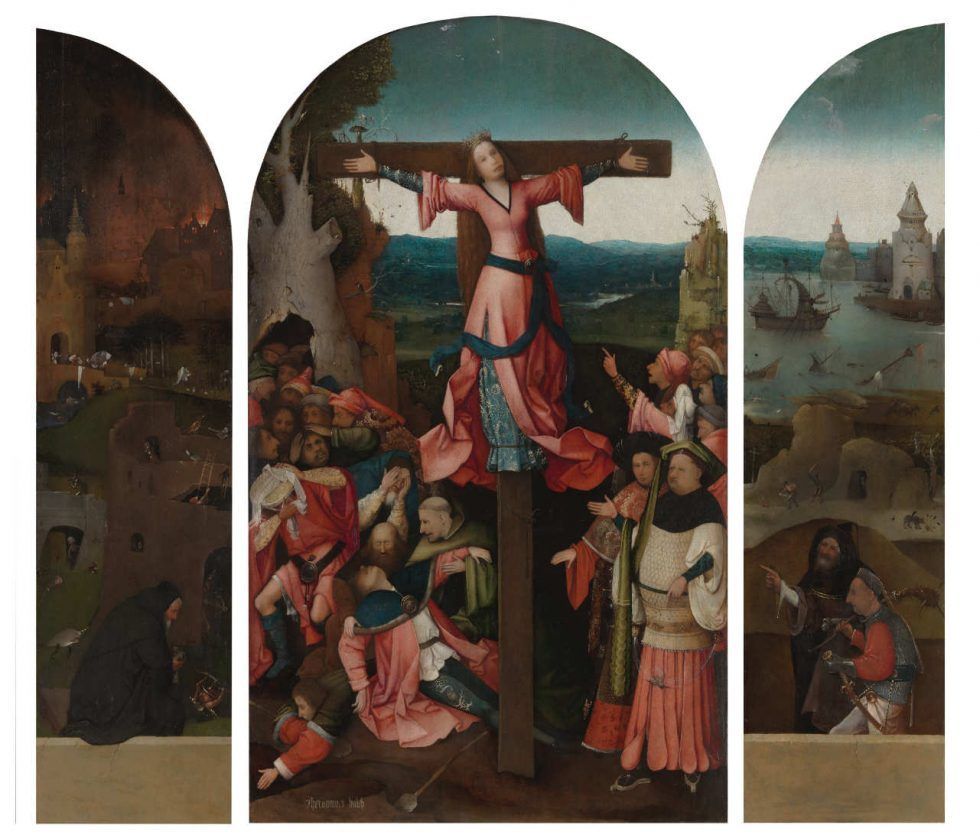 Hieronymus Bosch, Triptychon der hl. Wilgefortis, Öl auf Holz, 105.2 x 62.7 cm (Mitteltafel); 105 x 27.5 cm (linke Tafel); 104.7 x 27.9 cm (rechte Tafel), um 1495–1505 (Gallerie dell’Accademia, Venedig)