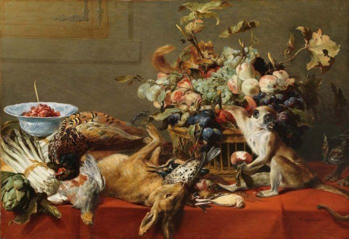 Frans Snyders (1579–1657), Stillleben mit Früchten, Wild und Gemüse sowie ein lebender Affe, ein Eichhörnchen und eine Katze, um 1635-40, Öl auf Leinwand; 81 x 118 cm, Sign. unten rechts: F. Snyders fecit, Hohenbuchau Collection, Inv.-Nr. HB 87.