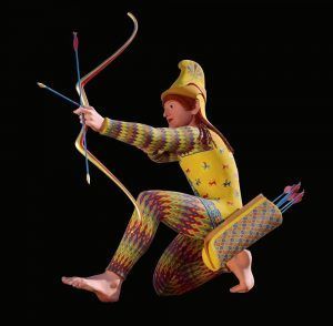 Sogenannter Paris aus dem Westgiebel des Aphaia-Tempels von Ägina, Farbrekonstruktion, Original: aus Ägina (Griechenland), Marmor, um 500/490 oder nach 480 v. Chr., H. 96 cm, München, Glyptothek, Rekonstruktion: Stiftung Archäologie & Universität Heidelberg (Rekonstruktion Brinkmann & Brinkmann) © München, Stiftung Archäologie, Foto: Dieter Rehm