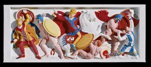 Relief vom Alexandersarkophag: Perserkampf, Partielle Farbrekonstruktion, Original: aus der Königsnekropole von Sidon (Libanon), Marmor, um 320 v. Chr., H. der Figuren (Fries) 58 cm, Istanbul, Arkeoloji Müzesi, Rekonstruktion: Stiftung Archäologie (Rekonstruktion Brinkmann & Brinkmann) © München, Stiftung Archäologie, Foto: Vinzenz Brinkmann