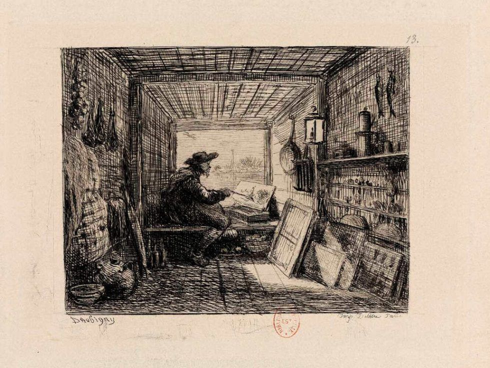 Charles-François Daubigny, Le Bateau Atelier (Das Atelier-Boot, aus: Le Voyage en bateau), 1862, Radierung, 10 × 13 cm (British Museum, London)