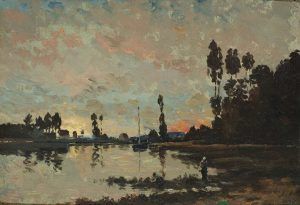 Charles-François Daubigny, Soleil couchant sur l’Oise [Sonnenuntergang über der Oise], um 1865, Öl auf Holz, 23 x 33 cm (Musée des Beaux-Arts, Dijon)