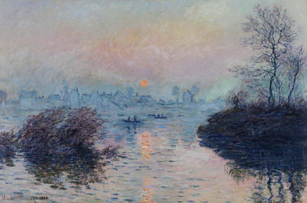 Claude Monet, Sonnenuntergang an der Seine bei Lavacourt, Wintereffekt, 1880, Öl auf Leinwand, 100 × 150 cm (Petit Palais, Musée des Beaux-Arts de la Ville de Paris, Paris)