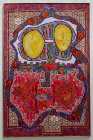 Barabbas, Gebetsteppich mit zwei Spiegeleiern, undatiert (Mitte 1960er Jahre), Öl, Kasein, Eitempera auf Leinwand, 200 x 130 cm, Foto: Alexandra Matzner.