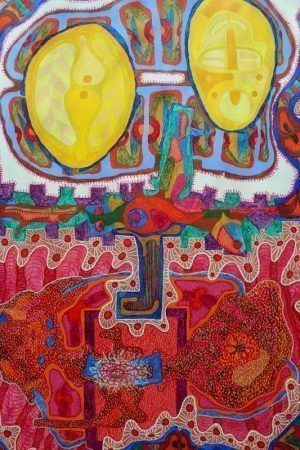 Barabbas, Gebetsteppich mit zwei Spiegeleiern, Detail, undatiert (Mitte 1960er Jahre), Öl, Kasein, Eitempera auf Leinwand, 200 x 130 cm, Foto: Alexandra Matzner.