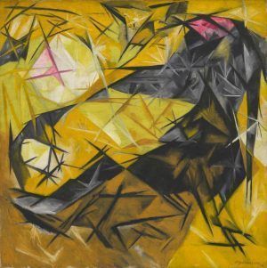 Natalia Gontscharowa, Katzen (rayonistische Wahrnehmung in Rosa, Schwarz und Gelb), 1913, Öl auf Leinwand, 85.1 x 85.7 cm (Solomon R. Guggenheim Museum, New York)