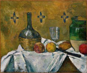 Paul Cézanne, Stillleben Flasche, Glas und Krug (Fiasque, verre et poterie), um 1877, Öl auf Leinwand, 45.7 x 55.3 cm (Solomon R. Guggenheim Museum, New York, Thanhauser Collection, Gift, Justin K. Thannhauser, 1978)