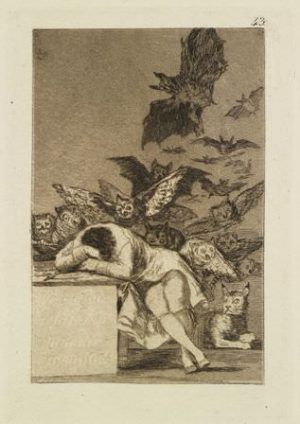 Francisco de Goya, Der Schlaf der Vernunft gebiert Ungeheuer (Serie: Los Caprichos, Blatt 43), 1797/98, Radierung und Aquatinta, 23,8 x 32,5 cm (Blatt), Staatliche Kunsthalle Karlsruhe, Foto: SKK