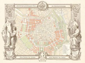 Neujahrskarte der k. k Hof- und Staatsdruckerei mit dem Grundplan der Stadterweiterung von 1859 © Wien Museum.