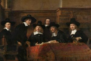 Rembrandt, Die Staalmeesters [Die Vorsteher der Amsterdamer Tuchmacherzunft], 1662, Öl auf Leinwand, 191.5 x 279 cm (Rijksmuseum, on loan from the City of Amsterdam © Rijksmuseum, Amsterdam, SK-C-6)