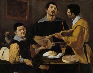 Diego Rodríguez de Silva y Velázquez, Drei Musikanten, um 1616–1618, Öl auf Leinwand, 90,4 × 113,2 cm (Gemäldegalerie, Staatliche Museen zu Berlin, Berlin, Inv.-Nr. 413F)