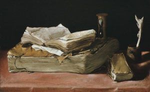 Unbekannter Künstler (Madrilenisch?), Bücherstilleben, um 1630–1640, Öl auf Leinwand, 34,9 × 56,8 cm (Gemäldegalerie, Staatliche Museen zu Berlin, Inv.-Nr. 1667)